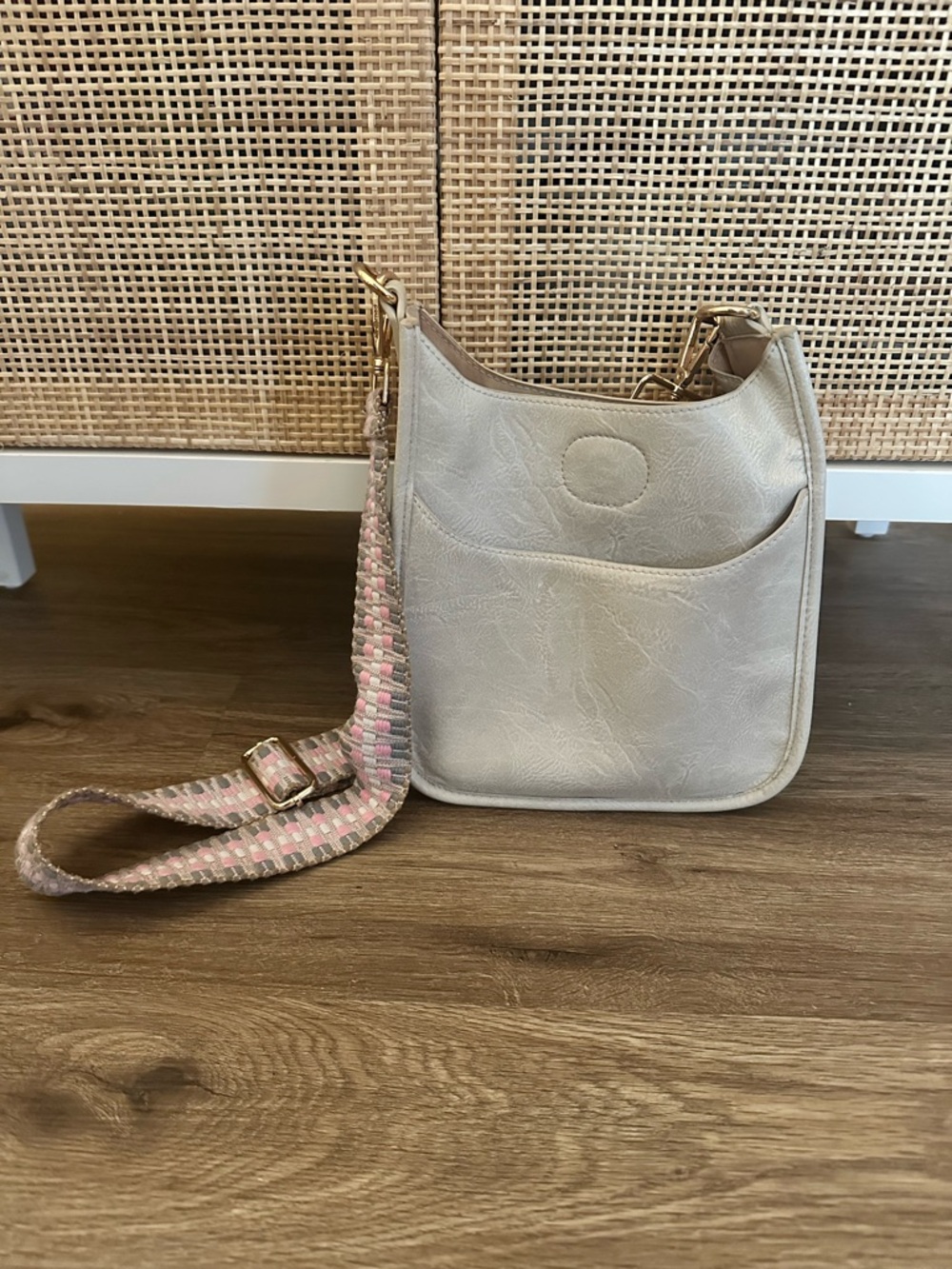 Cream Crossbody Shoulder Bag with Pink Accent Strap